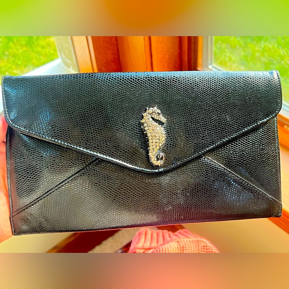 Marjorie Bloom Collection Clutch Purse Black Snakeskin Rhinestone Seahorse